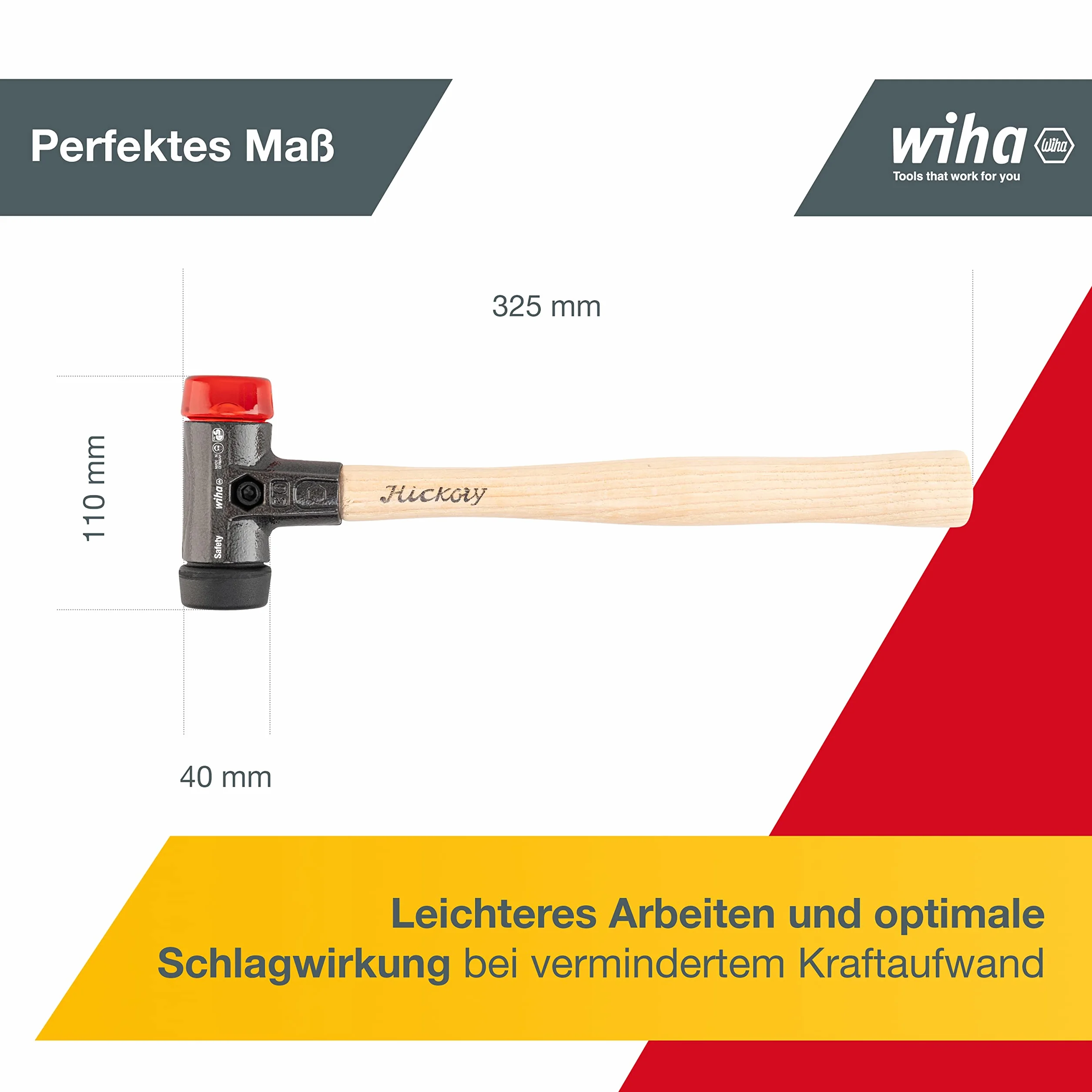 Wiha Schonhammer Safety mittelweich und hart (26612) I Gummihammer mit hochwertigem Hickory Holzstiel I Rund-Schlagkopf 40mm