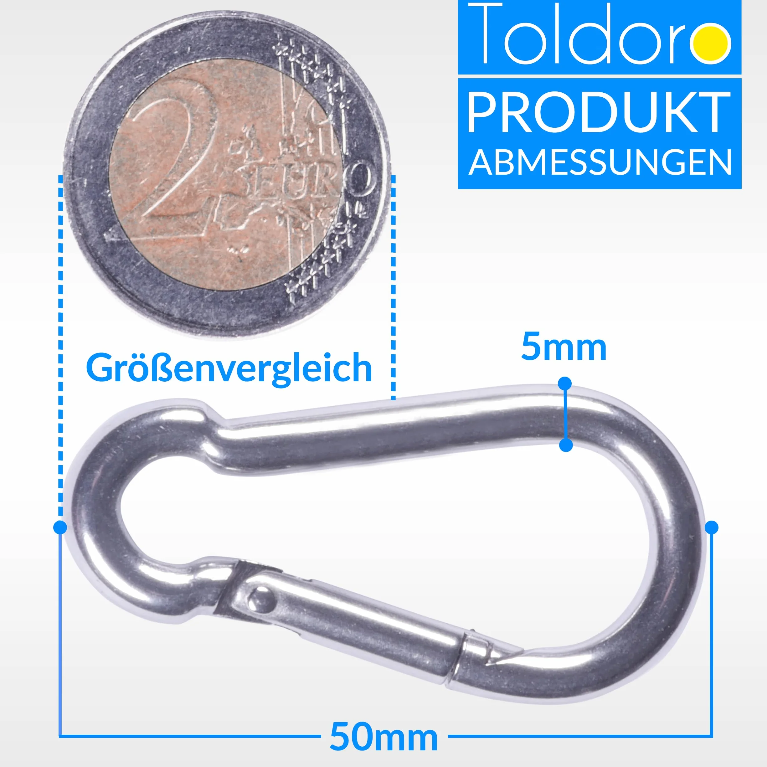 Toldoro Edelstahl Karabiner 5x50mm Rostfrei - NIRO AISI 316 V4A / Karabinerhaken Klein für Schlüsselanhänger, Blumenampel, Hundeleine/Feuerwehrkarabiner, Bruchlast 410kg