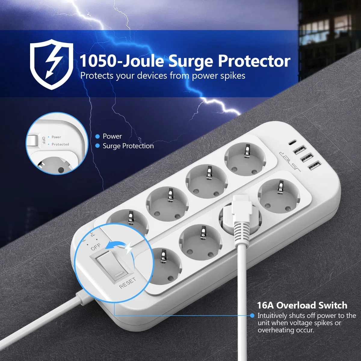 JSVER Steckdosenleiste 8 Fach mit 4 USB Ladeanschlüsse, Mehrfachsteckdose mit USB C, Wandmontage(3680W) Überspannungsschutz mit 2M Kabel Steckerleiste für Smartphones, Laptop-Weiß