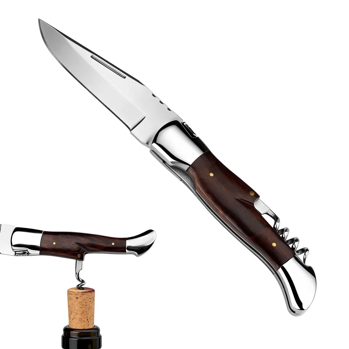 Taschenmesser 42a-konform, Zweihandmesser mit Korkenzieher, sicherem Liner Lock und Holzgriff, EDC Klappmesser für Camping und Wandern