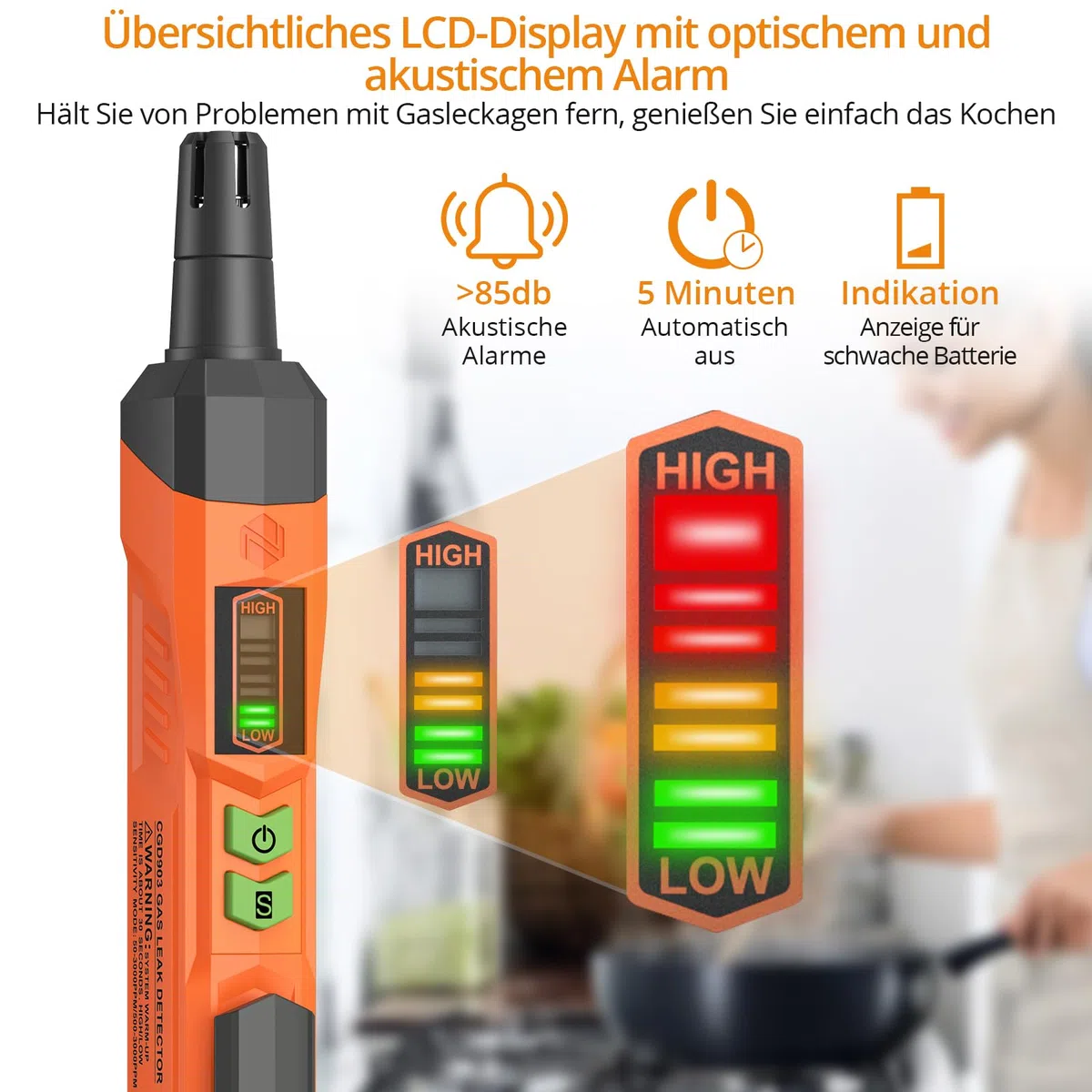 Neoteck Gasleckdetektor Erdgasdetektor mit akustischem und optischem Alarm, Tragbarer Gasdetektor zur Lokalisierung von brennbaren Gasleckquellen wie Methan, Propan für zu Hause