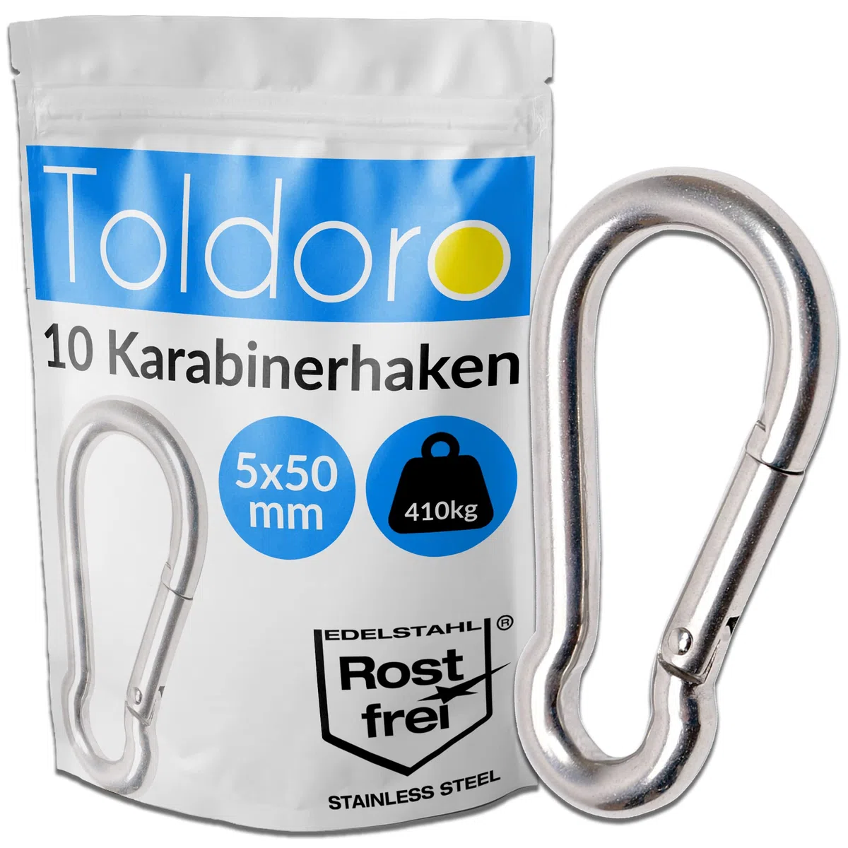 Toldoro Edelstahl Karabiner 5x50mm Rostfrei - NIRO AISI 316 V4A / Karabinerhaken Klein für Schlüsselanhänger, Blumenampel, Hundeleine/Feuerwehrkarabiner, Bruchlast 410kg