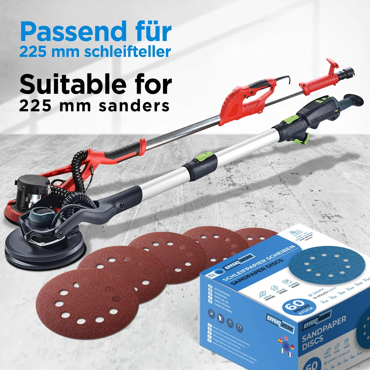 Schleifpapier 225mm Klett - 60 Stück - Profi Schleifscheiben für Trockenbauschleifer Schleifgiraffe Langhalsschleifer - 10 Loch - rund - mit Körnung 10x P40 P60 P80 P120 P180 P240