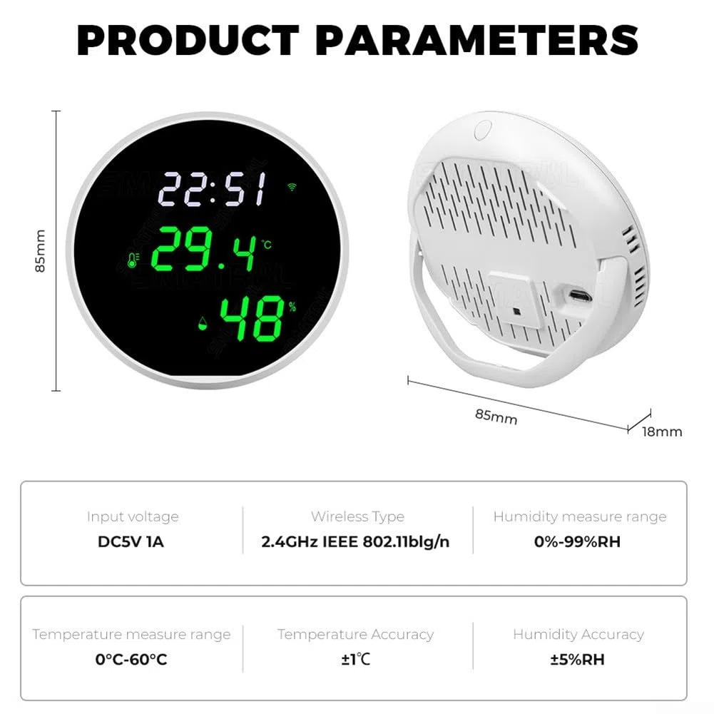 Temperatursensor, für Tuya LED-Temperatursensor mit WLAN-Konnektivität, Alarm für hohe Temperatur/Luftfeuchtigkeit und niedrige Temperatur/Luftfeuchtigkeit
