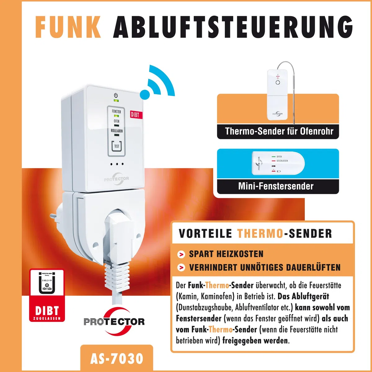 PROTECTOR AS-7030, Funk Abluftsteuerung mit DIBT Zulassung inkl. Funk-Thermosender für Kamin oder Ofen. Der sichere Fensterkontaktschalter, Erweiterbar mit Funk Rollladen-Sender