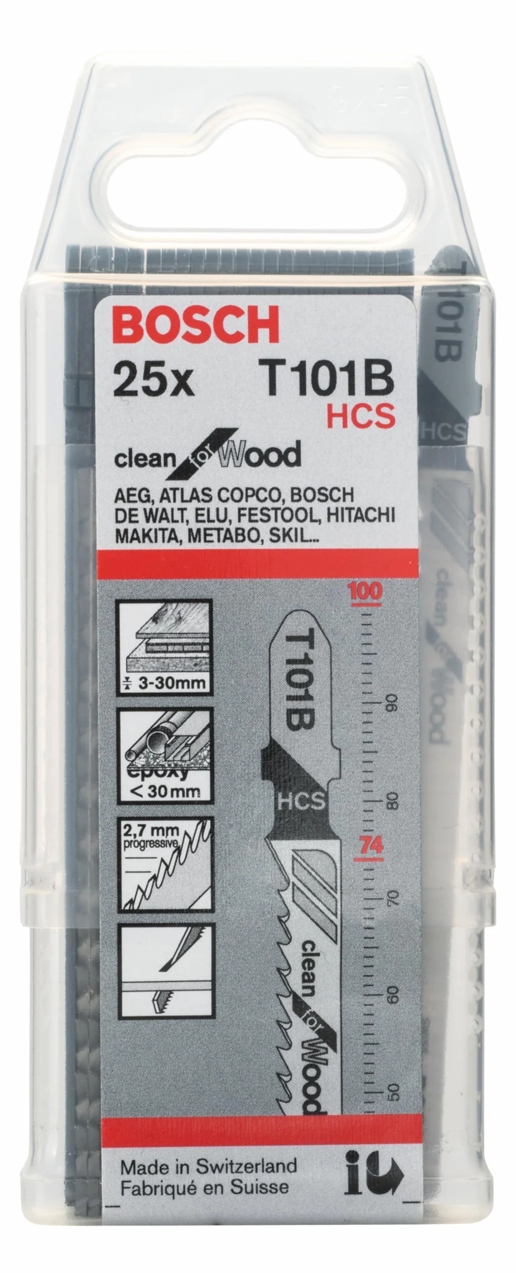 Bosch 25x T 101 B Clean for Wood Stichsägeblatt (für Weichholz, Sperrholz, Länge 100 mm, Professional Zubehör Stichsäge)
