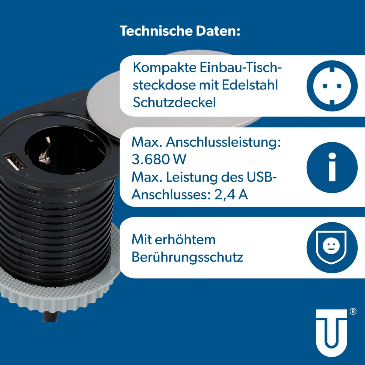 UNITEC Einbausteckdose für Tischplatte, Tischsteckdose, 1xSchuko + 1xUSB, Schutz durch Deckel zum Schieben aus Edelstahl, Kabel 1,5 m, Erforderlicher Bohrungsdurchmesser: 60 mm