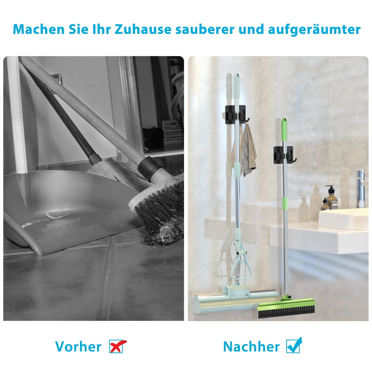 homeasy Besenhalterung Wand 4 Stück Besenhalter Selbstklebend Edelstahl Mop Halter Gerätehalter für Küche Badezimmer Garten (Schwarz)