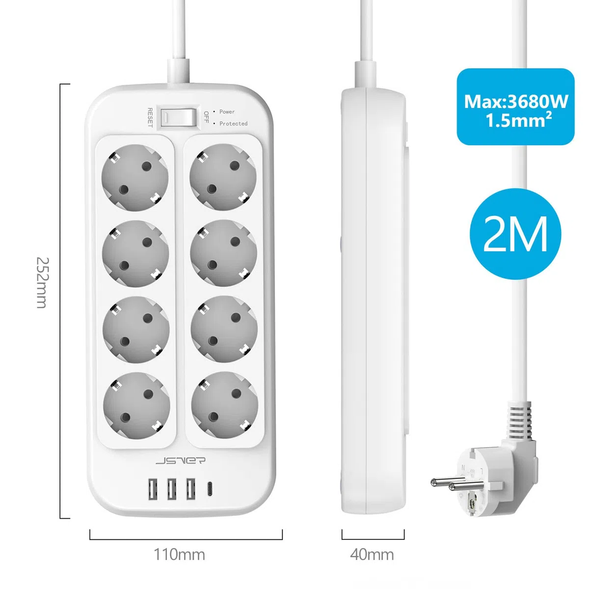 JSVER Steckdosenleiste 8 Fach mit 4 USB Ladeanschlüsse, Mehrfachsteckdose mit USB C, Wandmontage(3680W) Überspannungsschutz mit 2M Kabel Steckerleiste für Smartphones, Laptop-Weiß