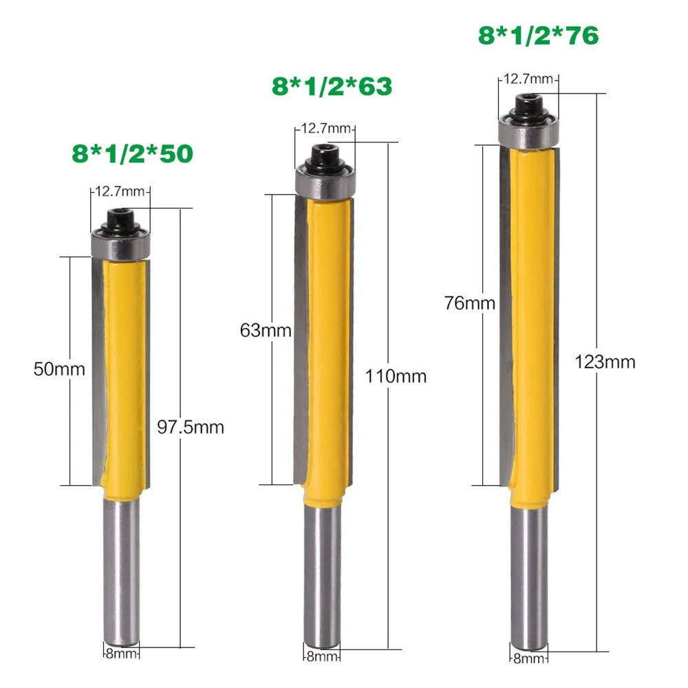 3Pcs 8 mm Schaft Bündigfräser, Kopierfräser/Holzfräse /Nutfräser Holzschneider Router Bit, ober Lager, extra langes, gerades Fräser Schneidmesser