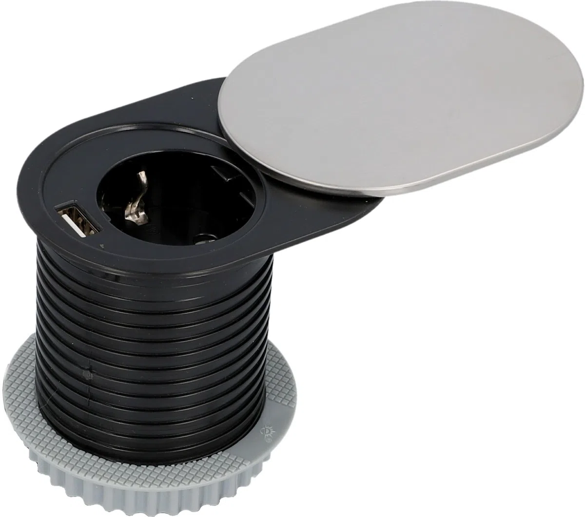 UNITEC Einbausteckdose für Tischplatte, Tischsteckdose, 1xSchuko + 1xUSB, Schutz durch Deckel zum Schieben aus Edelstahl, Kabel 1,5 m, Erforderlicher Bohrungsdurchmesser: 60 mm