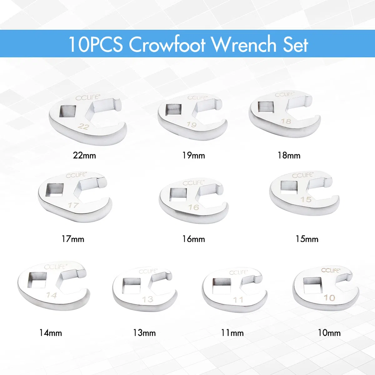 CCLIFE 10tlg Hahnenfußschlüssel Hahnenfuß Schlüssel Steckschlüssel Drehmoment 1/2" 3/8" Außenvierkantantrieb | 10-22mm