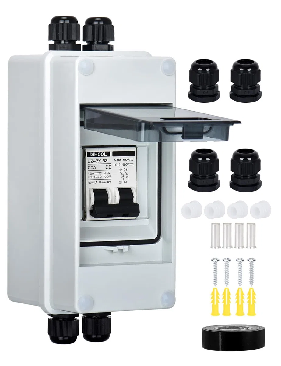 DIHOOL DC 12V Trennschalter PV Solar Anlage Leitungsschutzschalter Sicherungsautomat Gleichstrom 50A 2 Polig (DC12V-DC400V or AC110-400V) Mit IP65 Wasserdicht Gehäuse