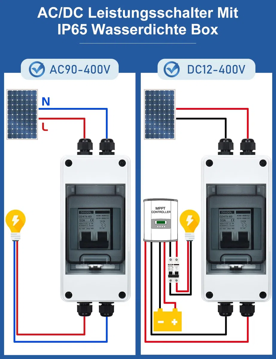 DIHOOL DC 12V Trennschalter PV Solar Anlage Leitungsschutzschalter Sicherungsautomat Gleichstrom 50A 2 Polig (DC12V-DC400V or AC110-400V) Mit IP65 Wasserdicht Gehäuse