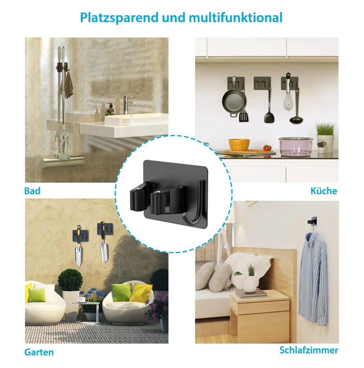 homeasy Besenhalterung Wand 4 Stück Besenhalter Selbstklebend Edelstahl Mop Halter Gerätehalter für Küche Badezimmer Garten (Schwarz)