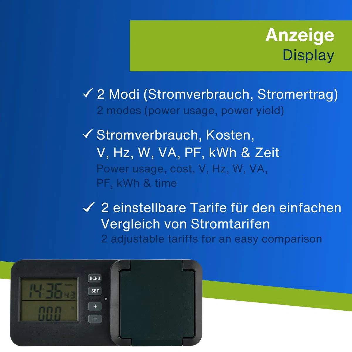 REV Stromzähler - messen Sie Ihren Stromverbrauch, Energiekostenmessgerät, geeignet für Balkonkraftwerke, IP44, anthrazit-grün