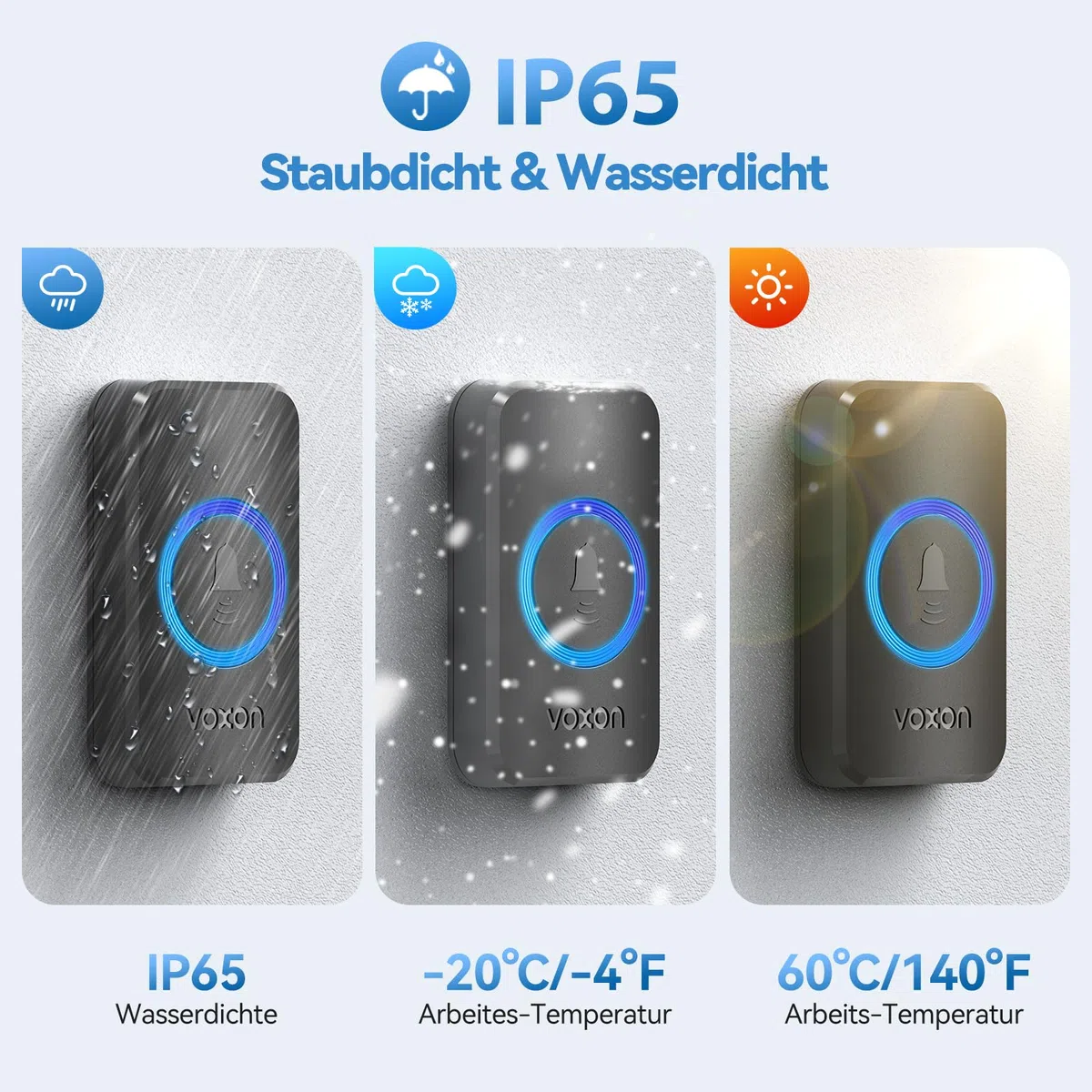 VOXON Funkklingel, 400m Reichweite Kabellose Türklingel Funk Set mit 2 Plug-In-Empfängern und 1 Sender, IP65 Wasserdicht Klingel Haustür für Außenbereich, 60 Melodien Doorbell, RGB-Licht(Schwarz)