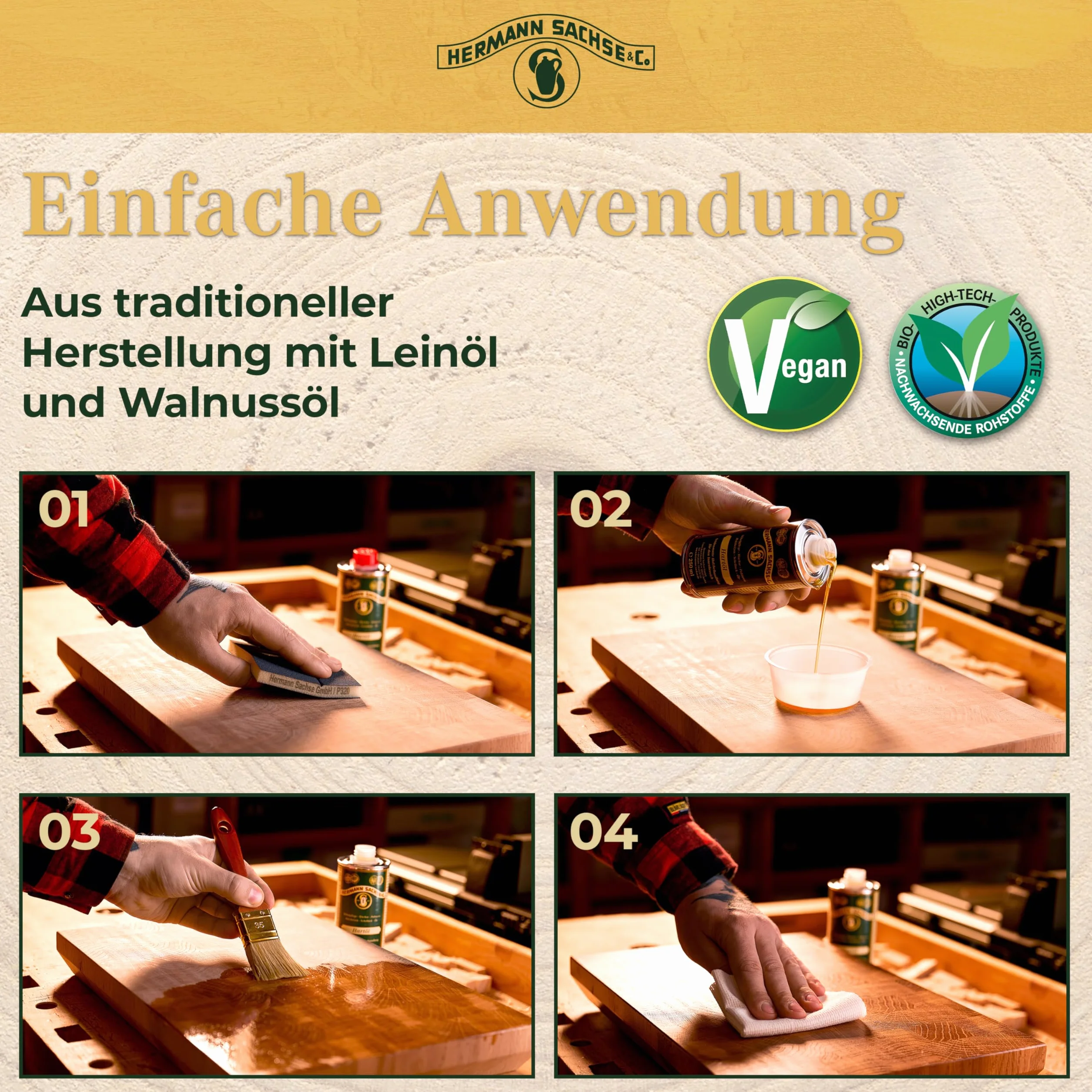 Hermann Sachse Hartöl für Esstische Holztische | 250ml Holzöl mit Universaltuch und Schleifmatte Öl für Eiche Nussbaum Akazie Buche zur Pflege im Innenbereich | Arbeitsplattenöl -Basis Leinölfirnis