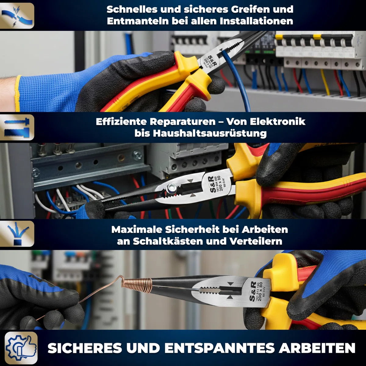 S&R VDE Flachrundzange 200 mm, gerade Spitzzange, 60 CrV hitze- und induktionsgehärtet für professionellen Einsatz, Härte HRC 66, Seitenschneider, 2K-Griff, Abrutschschutz, Storchschnabelzange