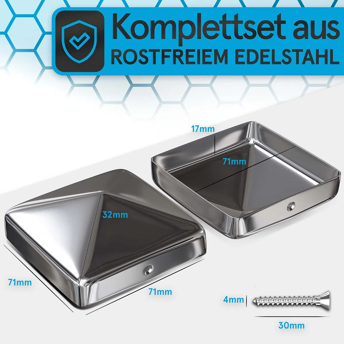 10x Pfostenkappen 7x7cm Edelstahl [Perfekter Schutz] inkl. Edelstahl Schrauben - Rostfreie Abdeckkappen für Zaunpfosten Kappen für Holzpfosten, massive Pfostenabdeckung