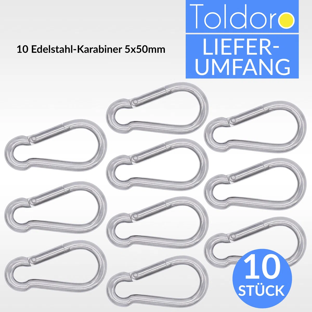 Toldoro Edelstahl Karabiner 5x50mm Rostfrei - NIRO AISI 316 V4A / Karabinerhaken Klein für Schlüsselanhänger, Blumenampel, Hundeleine/Feuerwehrkarabiner, Bruchlast 410kg