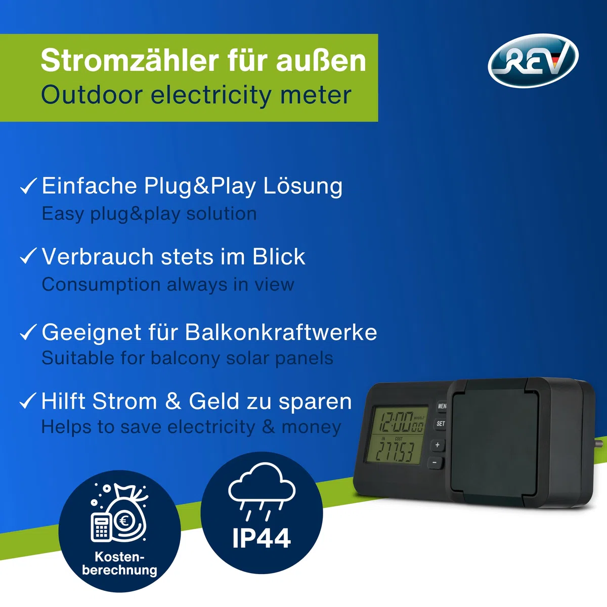 REV Stromzähler - messen Sie Ihren Stromverbrauch, Energiekostenmessgerät, geeignet für Balkonkraftwerke, IP44, anthrazit-grün