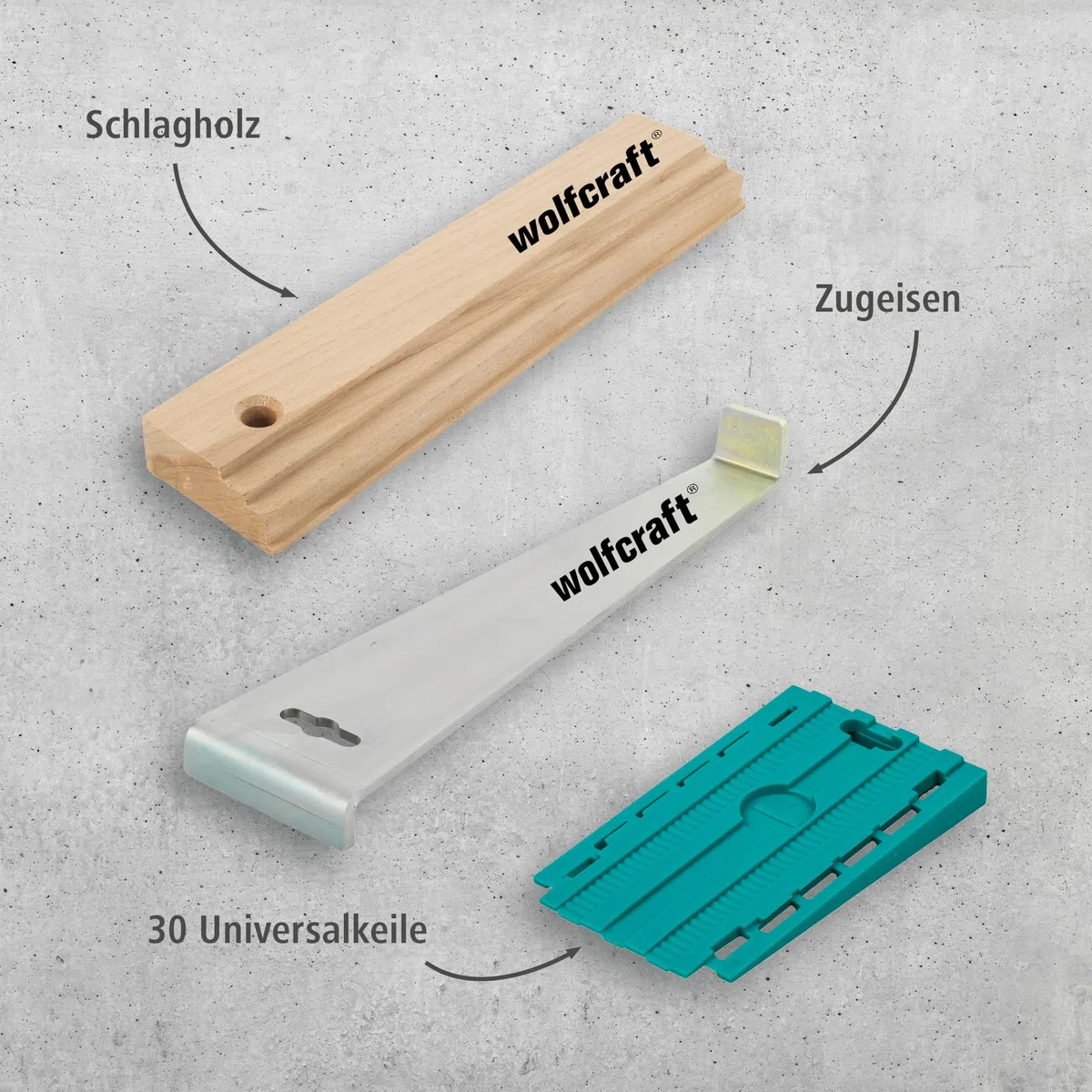 wolfcraft Geling-Set zum Laminat- und Designboden verlegen I 6975000 I Zugeisen, Schlagholz und 30 Universalkeile I fugenfreies Ausrichten von Dielen