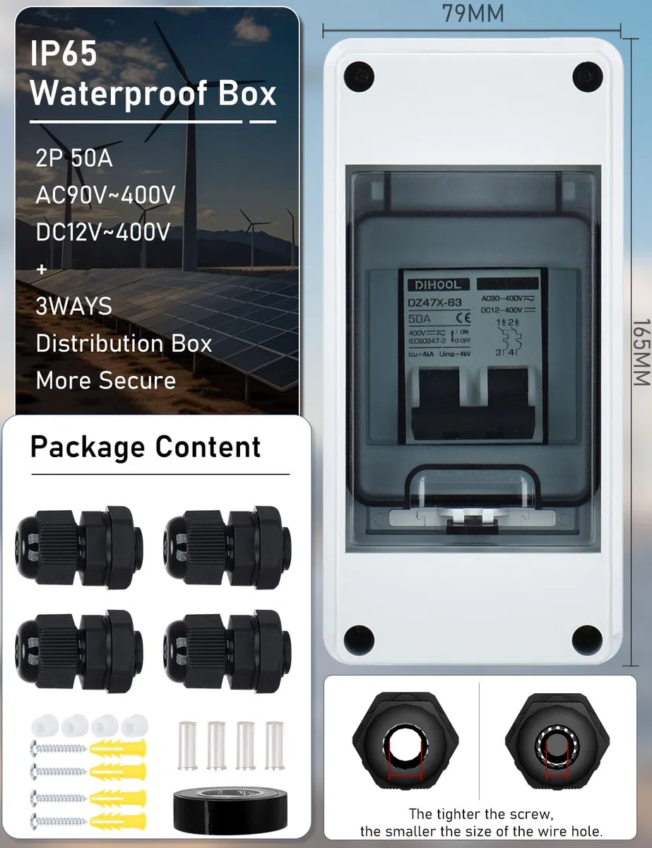 DIHOOL DC 12V Trennschalter PV Solar Anlage Leitungsschutzschalter Sicherungsautomat Gleichstrom 50A 2 Polig (DC12V-DC400V or AC110-400V) Mit IP65 Wasserdicht Gehäuse