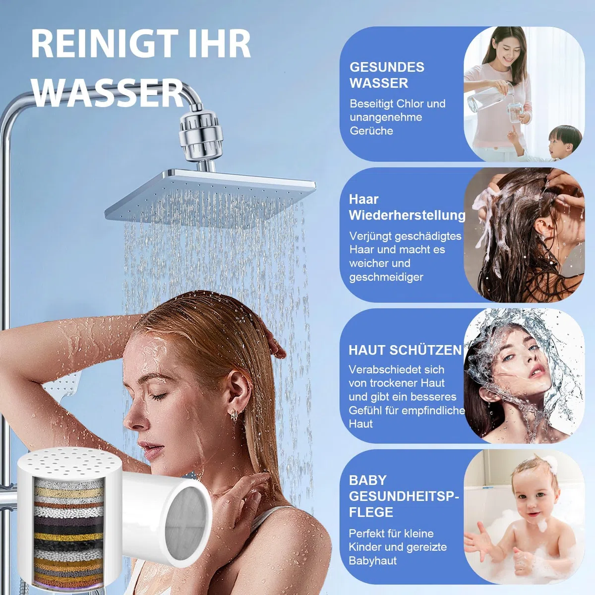 Raheem 2 Stück 36 Stufen Duschfilter Universal Ersatzpatronem Shower Filter for Hard Water Entfernt Chlor, Schwermetalle, Kalk, Gerüche für Haut und Haar gesund Hohe Leistung Dusche Filterpatrone