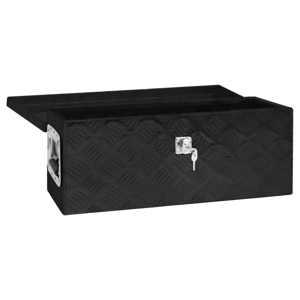 Alu Kiste mit Deckelüberstand verschließbar, Truckbox aus Aluminium, Werkzeugbox Alu Unterbaubox robuste Staubox Werkzeugkiste für Anhänger, LKW, Schwarz 60x23,5x23 cm