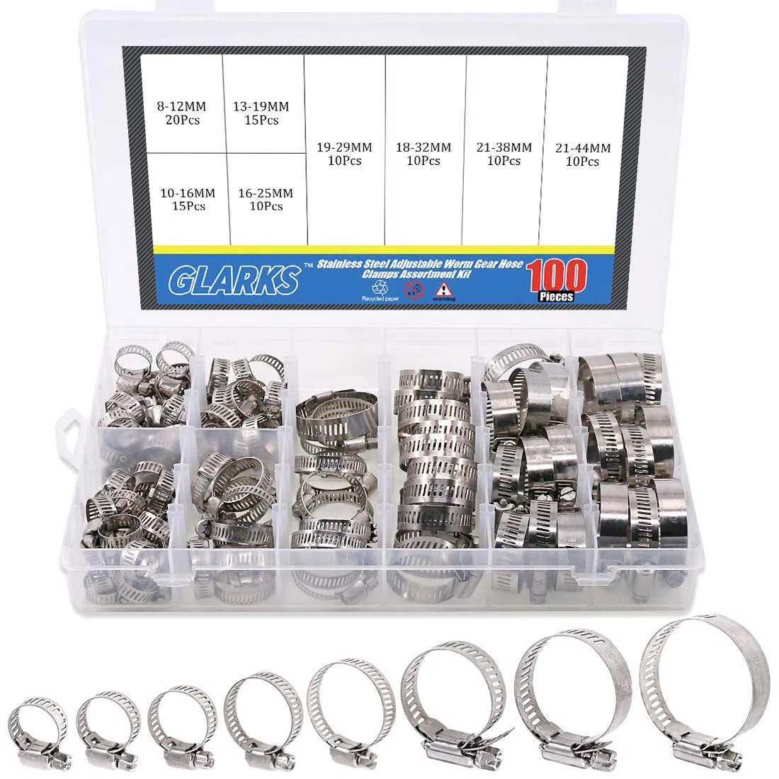 Glarks 100 Stück Edelstahl Schlauchschellen Schlauchklemmen einstellbare Schlauch Clips Rohrschellen Schlauchklemmen Sortiment für für Haus Gas Rohr, Wasser Rohr, Tank, Automobil-Tubing