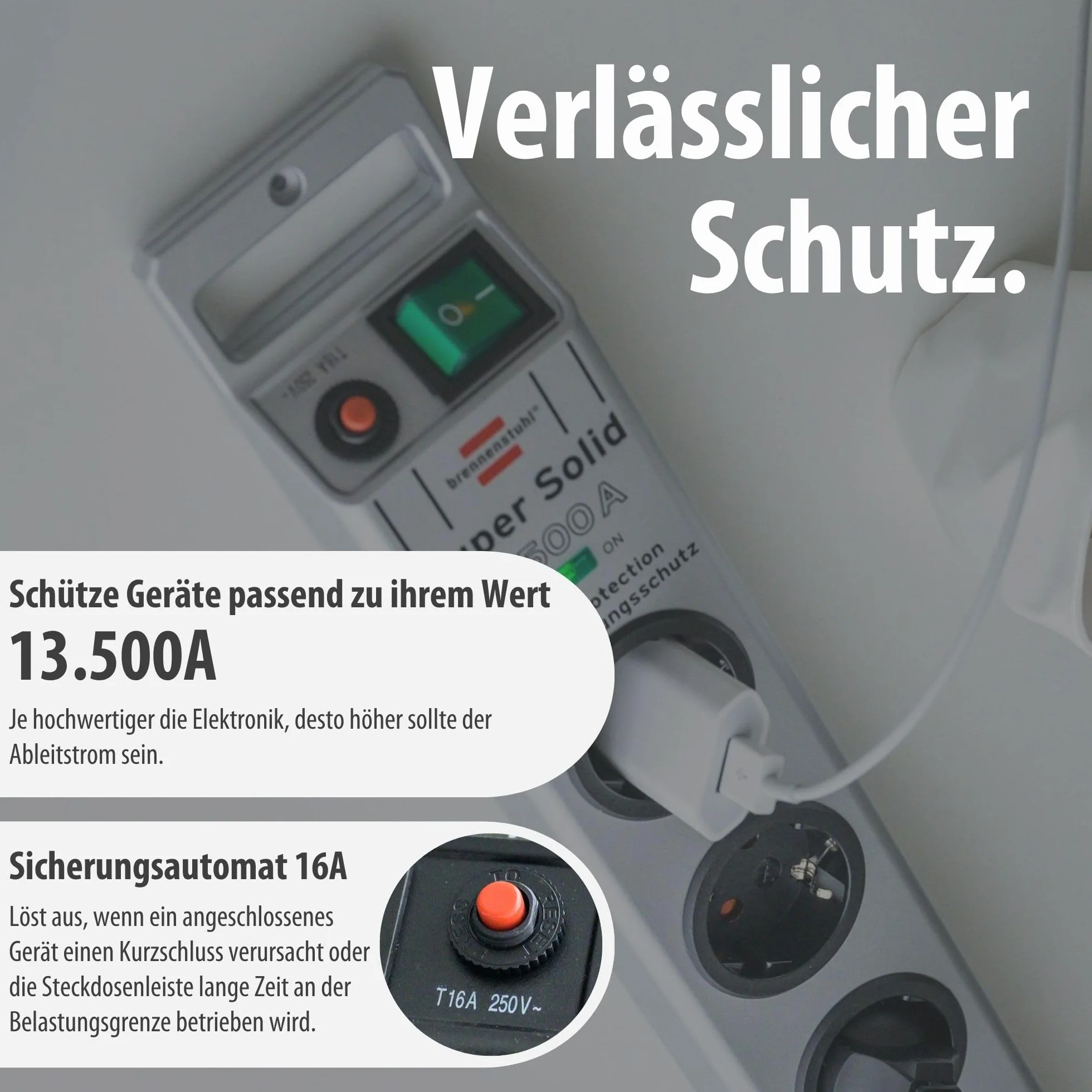 Brennenstuhl Super-Solid, Steckdosenleiste 5-Fach mit Überspannungsschutz (Mehrfachsteckdose mit 2,5m Kabel und Schalter - aus bruchfestem Polycarbonat) Silber