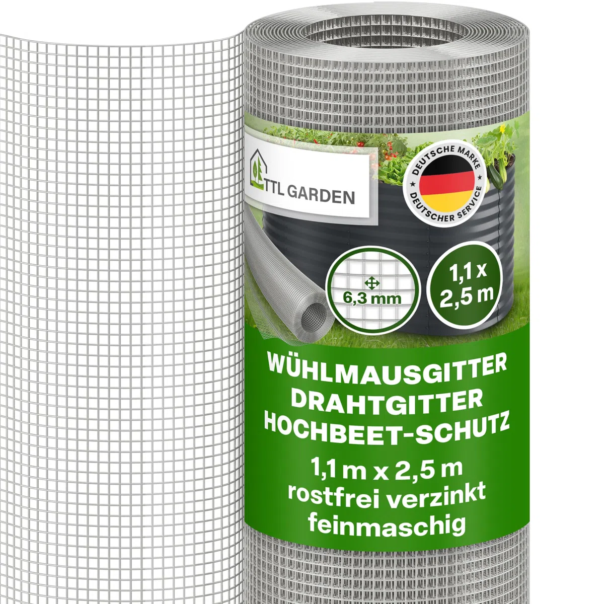 TTL GARDEN Wühlmausgitter 2,5m x 1,1m feinmaschig verzinkt & rostfrei - Hochbeet Gitter 6,3mm Masche 0,55 mm Draht Stärke - auf Rolle Maschendraht Drahtgitter Nagergitter Maulwurfgitter 110cm x 250 cm