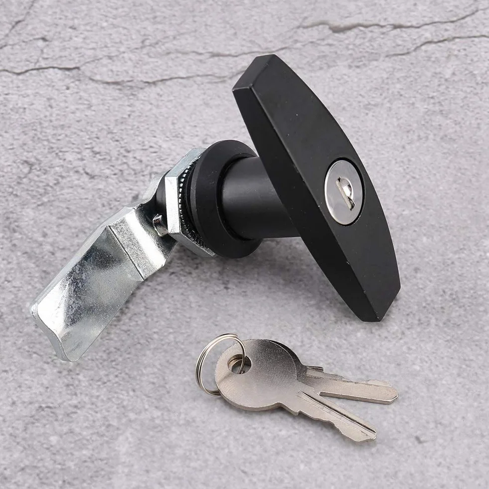 T Griff Schloss, Hintere Befestigung T-Griff-Schloss Werkzeugkasten Garagentorschloss mit Schlüsseln für Wohnwagen Anhänger Vordach Chrom glänzend (BLACK)