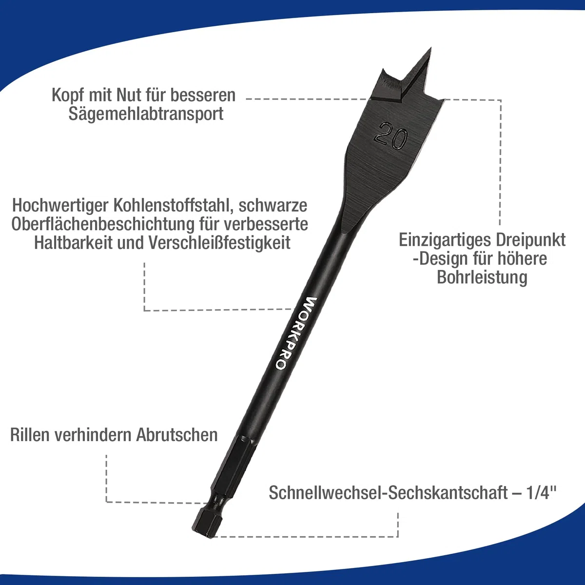 WORKPRO Holzbohrer-Set, flach, Sechskantschaft, Schnellwechsel, 12 mm, 16 mm, 18 mm, 20 mm, 22 mm, 25 mm, 28 mm, 32 mm, 8 Stück